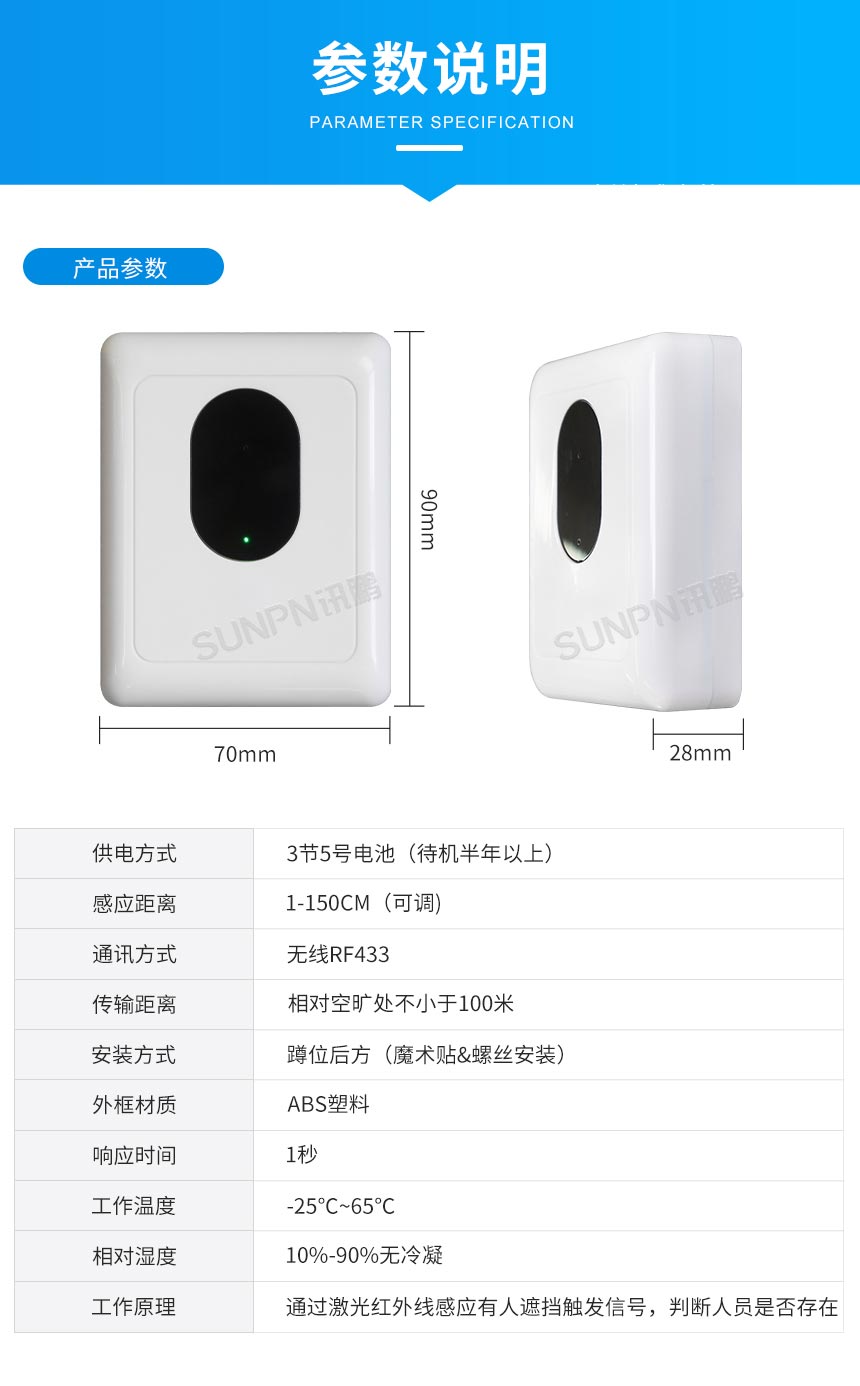 智慧公厕蹲位有无人感应器主要参数介绍