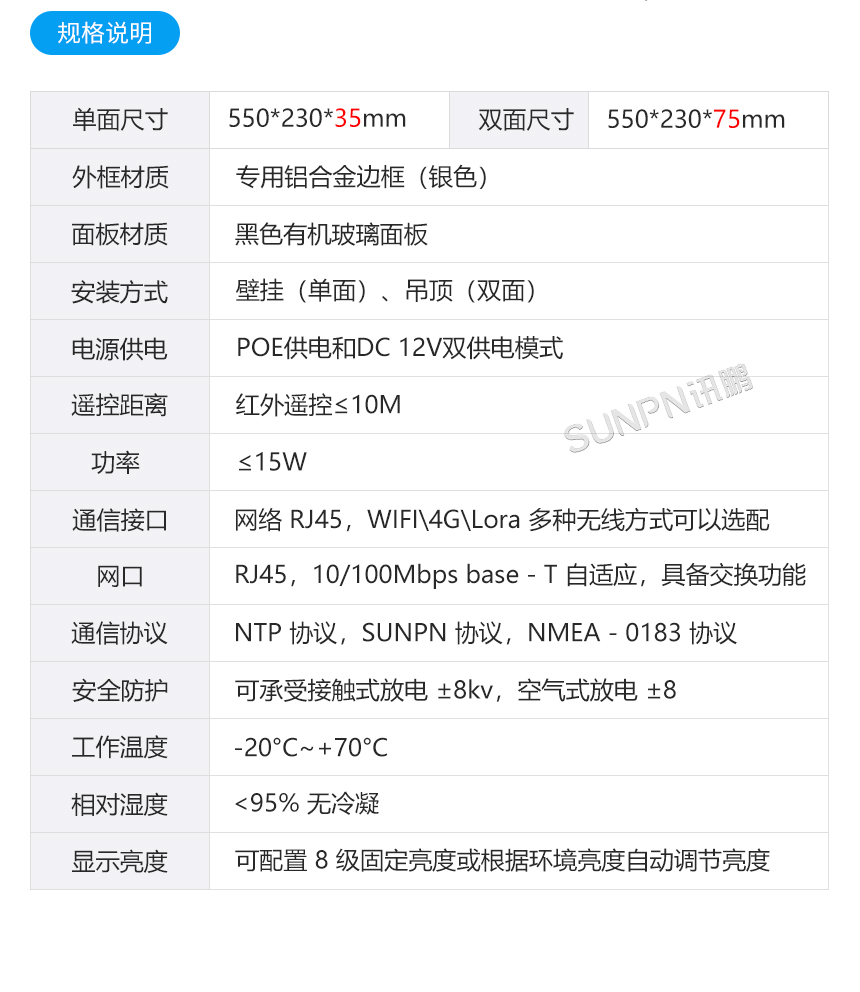 讯鹏科技网络同步时钟-产品规格参数