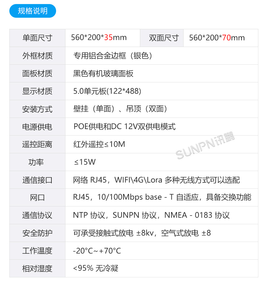 讯鹏5.0点阵模组款网络同步时钟产品规格